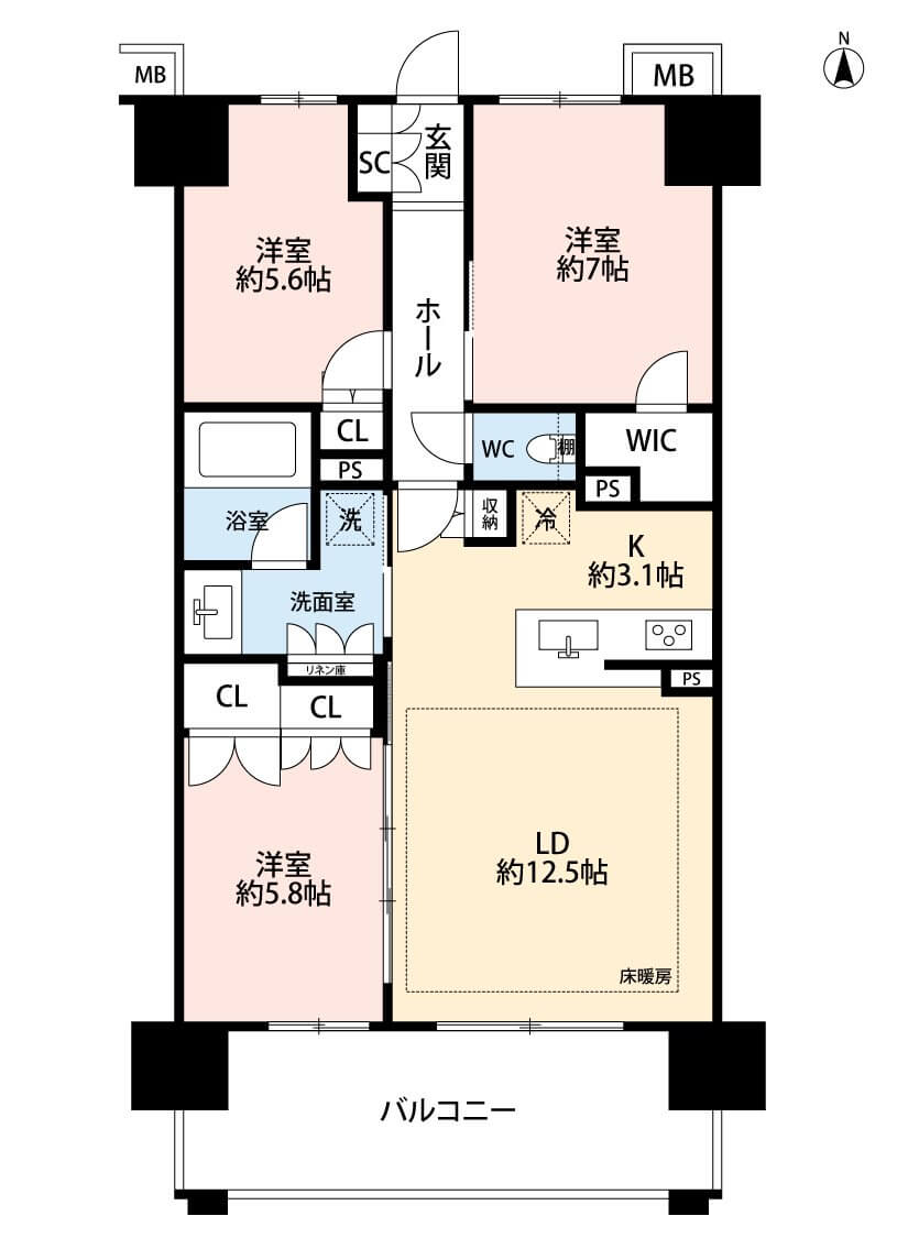 １１階部分の南向きにつき陽当り良好、開放感のある３ＬＤＫです。